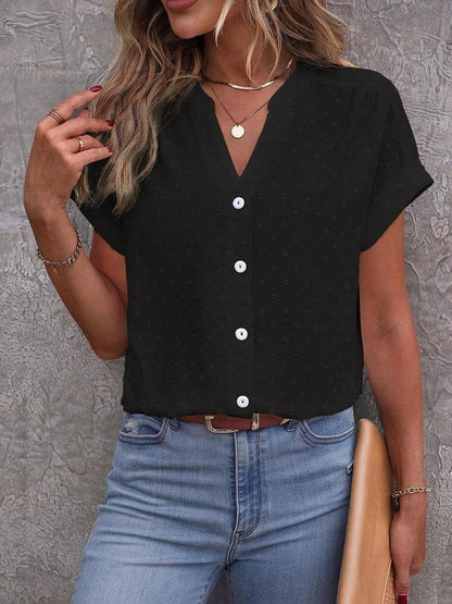 Basic Black Button Front Rolled Sleeve Blouse Top