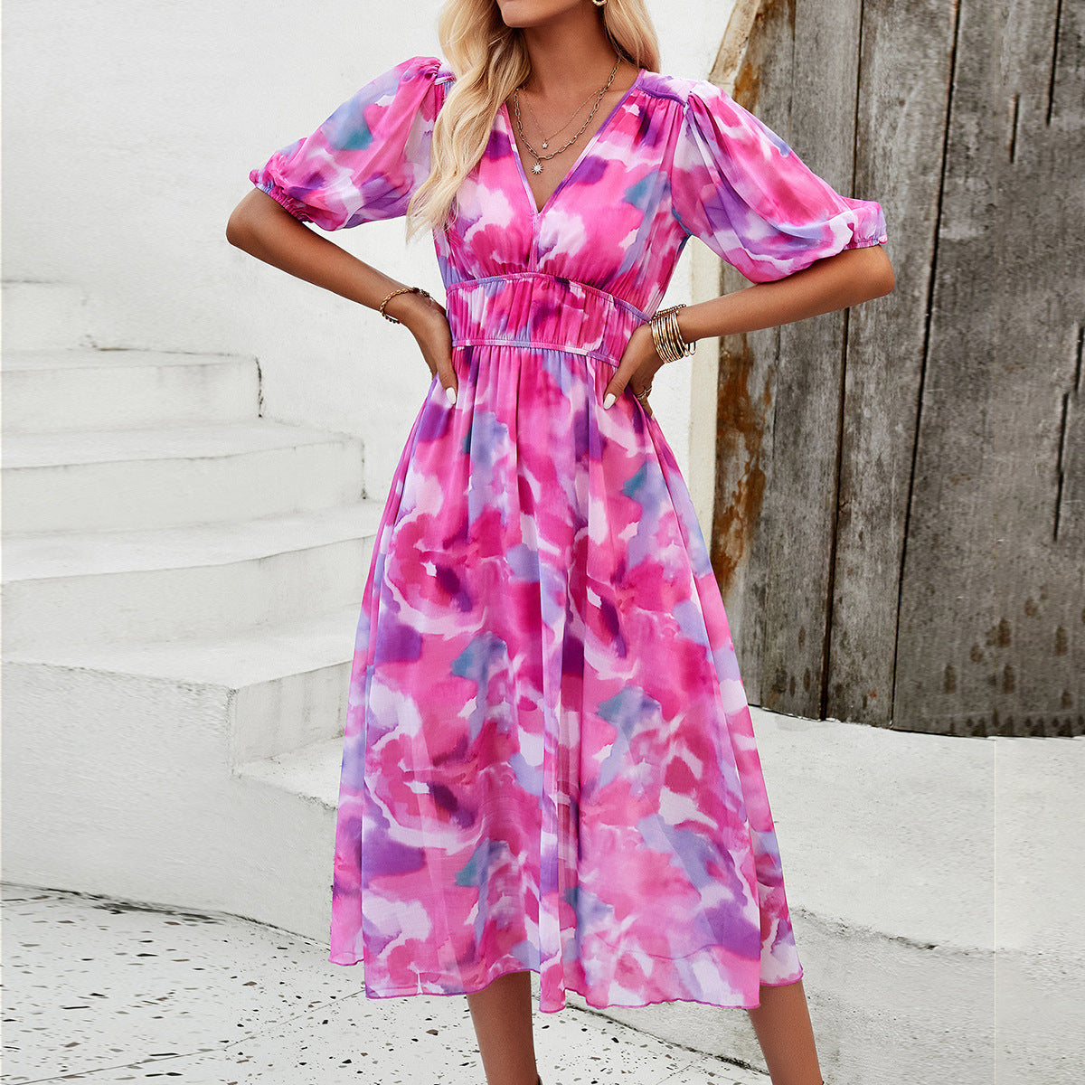 Festive Floral Print Slim V-Neck Dress