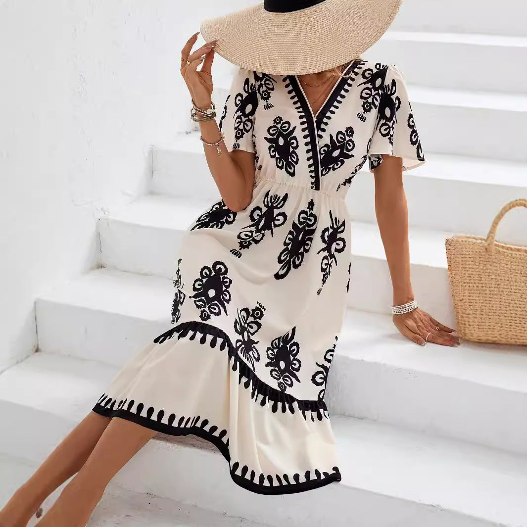 Puffy Sleeve Ultra High Neck Floral Print Wrap Dress