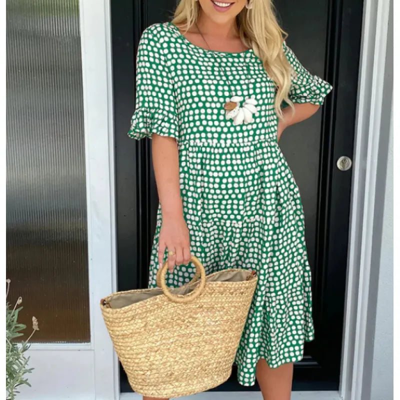 Polka Dot Short Sleeve Round Neck Midi Dress