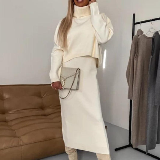 Modern Turtleneck Pullover and Sleeveless Long Dress Set