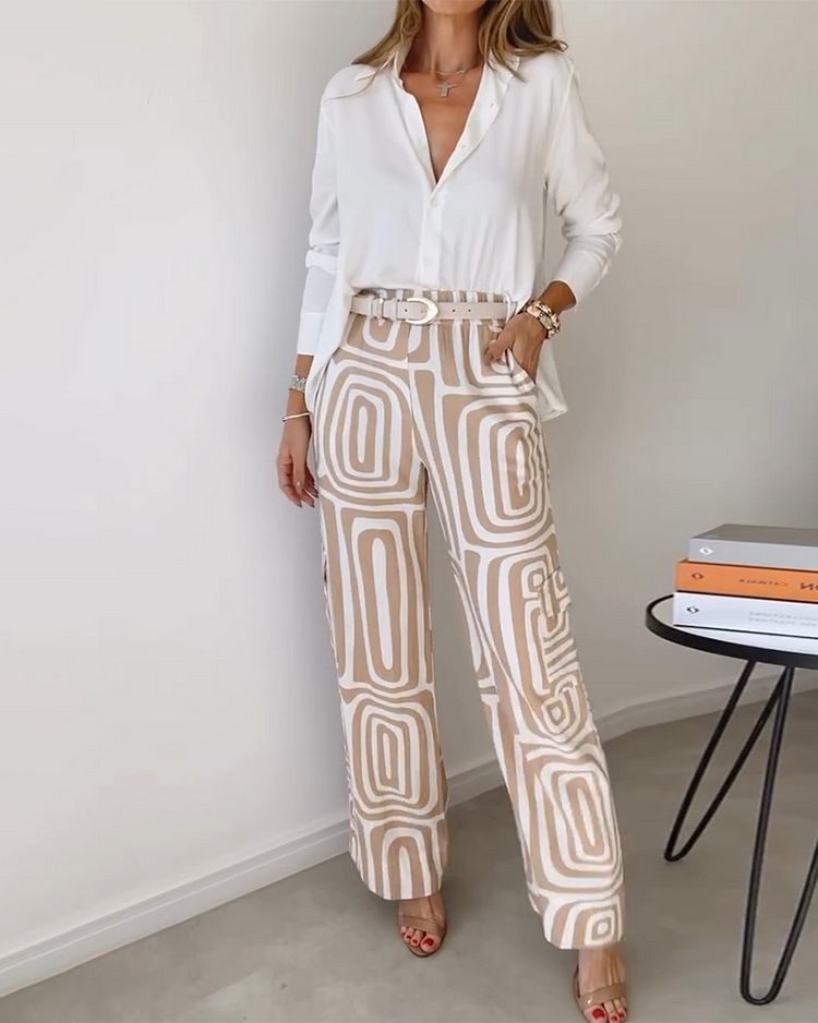 Casual Long-sleeved Lapel Shirt Printed Wide-leg Pants Suit