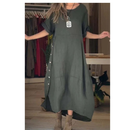 Loose Casual Solid Color Short Sleeve Cotton And Linen Dress