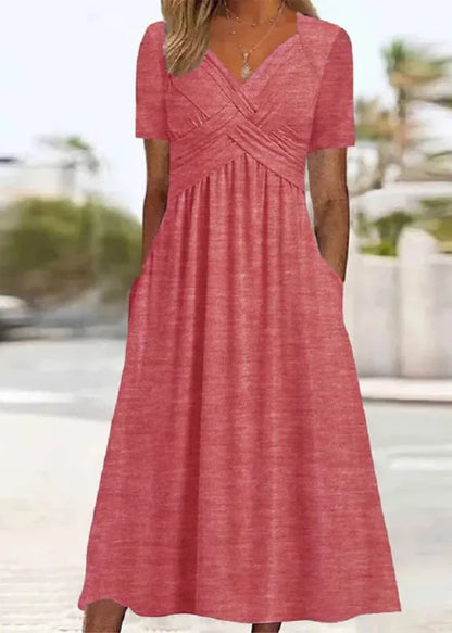 Unique Plain V-Neck Midi Dress