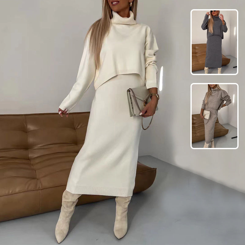 Modern Turtleneck Pullover and Sleeveless Long Dress Set