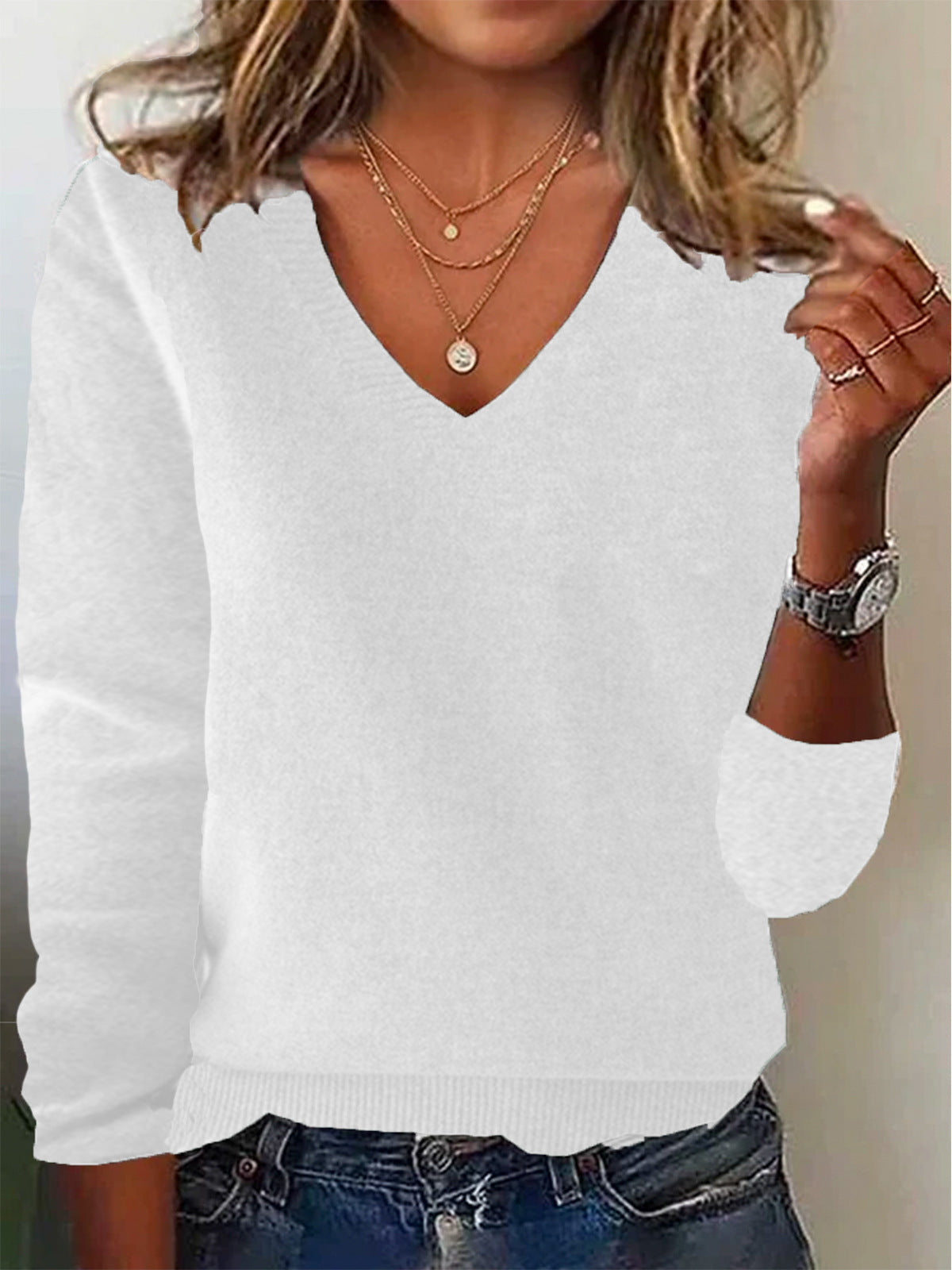 Unique V-neck Solid Color Knit Sweater