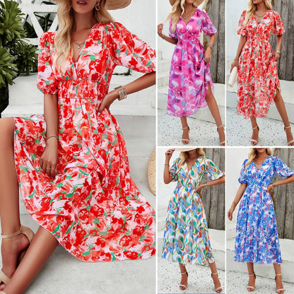 Festive Floral Print Slim V-Neck Dress