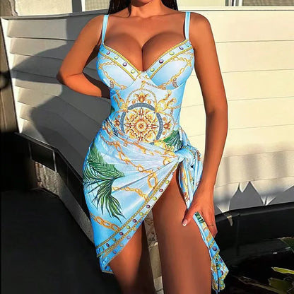 Elegant Print One Piece Two Piece Sleeveless Swimwear