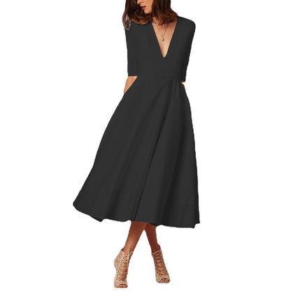 Sexy Deep V Mid-sleeve Large Swing Dress