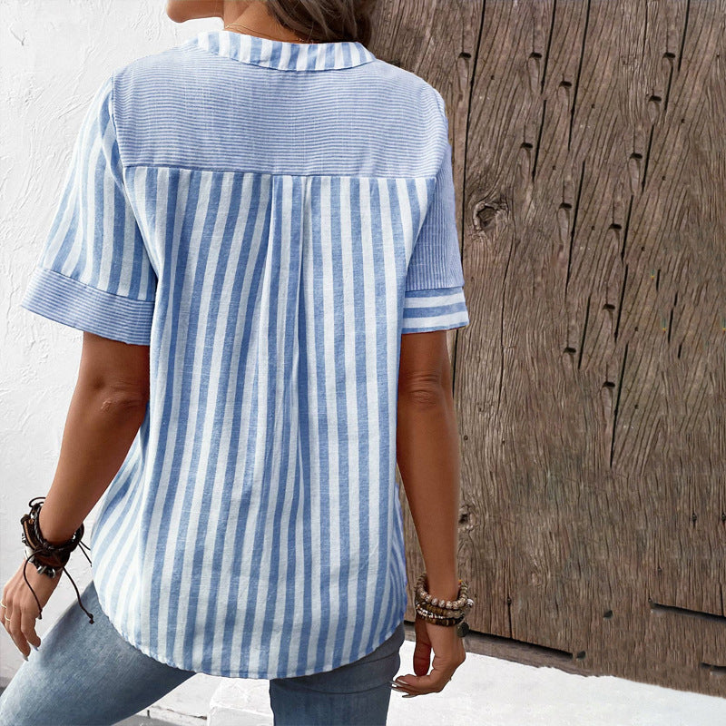 V-neck Asymmetric Stripes Patchwork Design Top