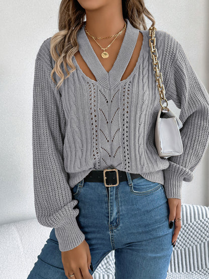 Hollow Out V-neck Twist Lantern Sleeve Pullover Sweater