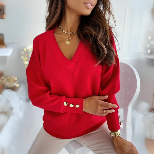 Solid Color Long-Sleeved V-Neck Button Shirt