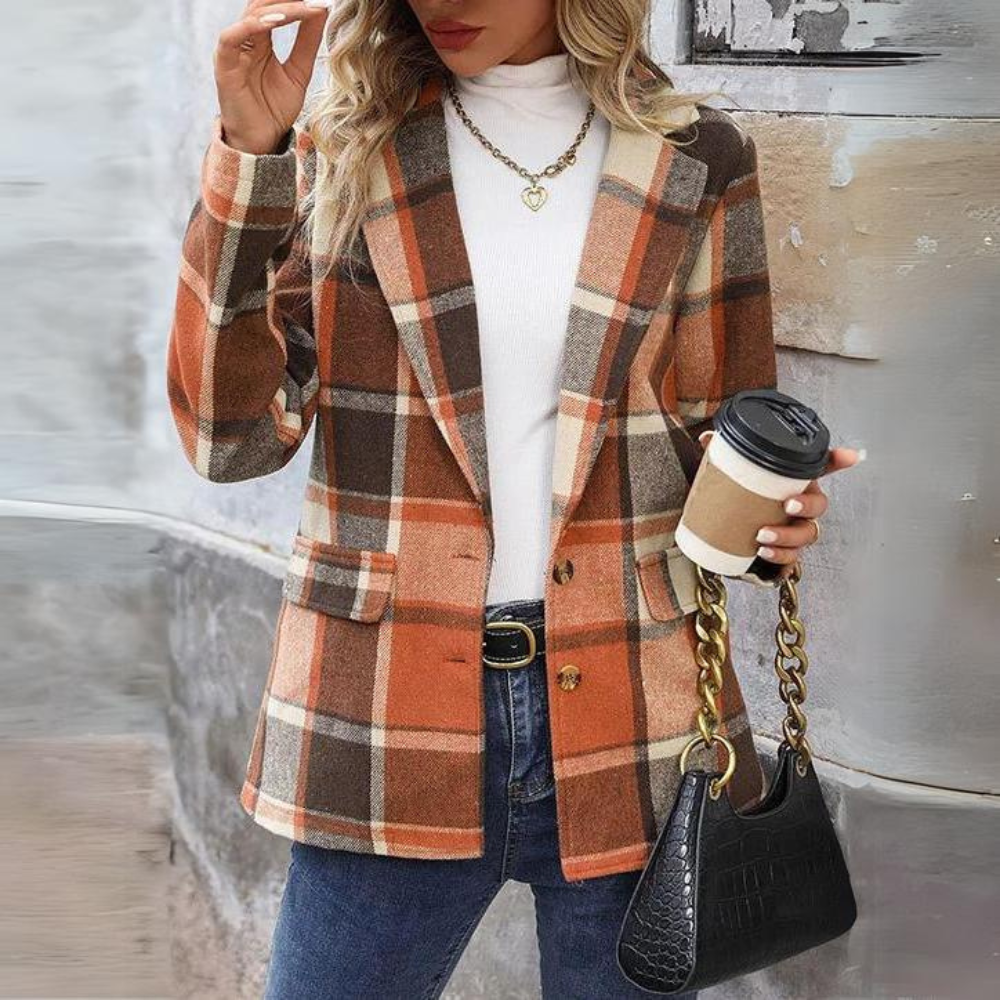 Brown Plaid Long Sleeve Lapel Collar Regular Blazer