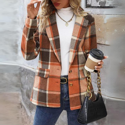 Brown Plaid Long Sleeve Lapel Collar Regular Blazer