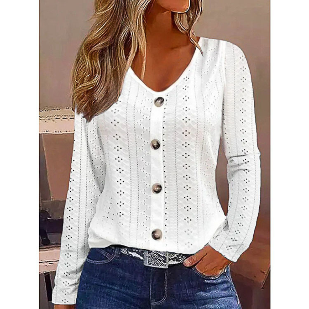 Solid Color Jacquard V-neck Buttons Long-sleeved Top