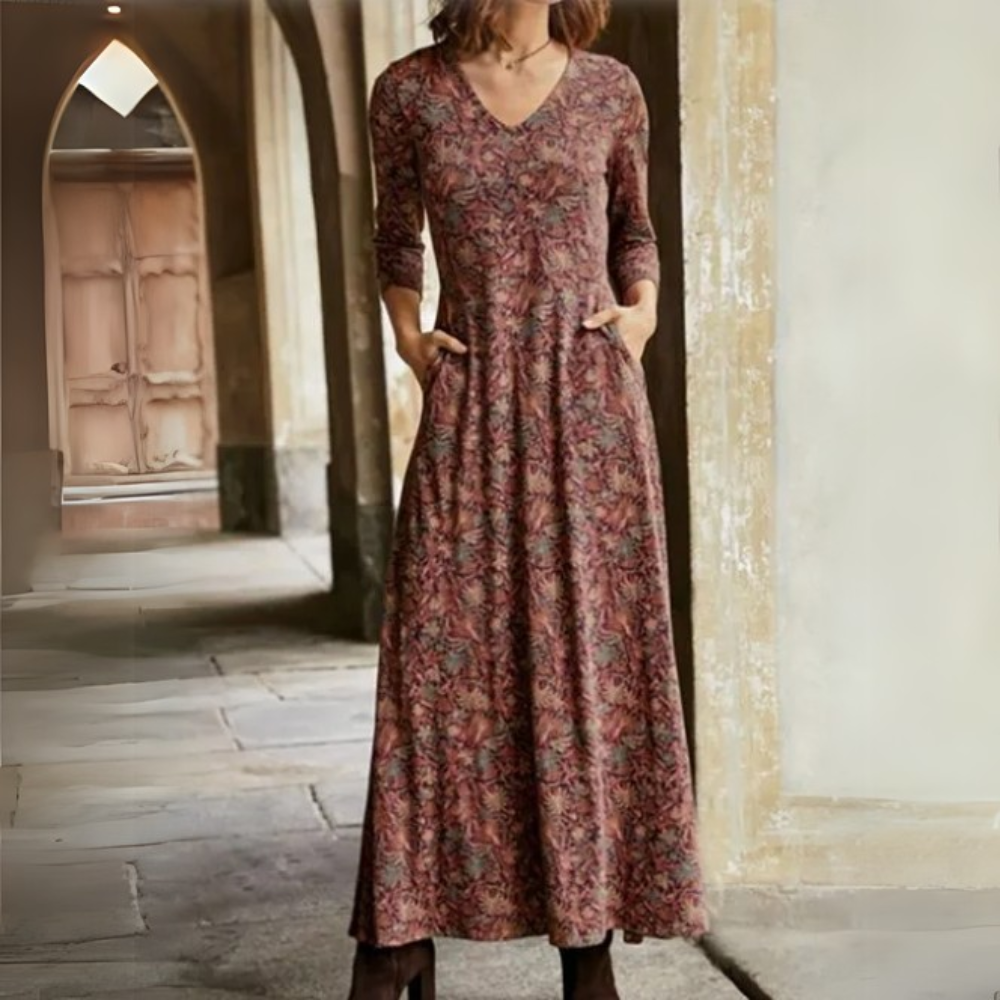 Vintage Print V-Neck Pocket Long Sleeve Maxi Dress