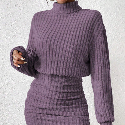 High Neck Ribbing Woolen Knit Suit