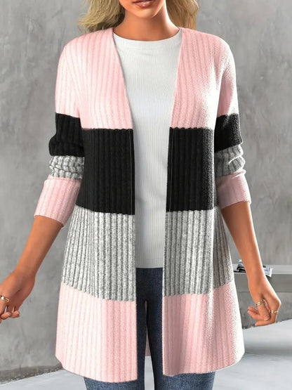 Colorblocked Striped Split Neck Casual Long Jacket