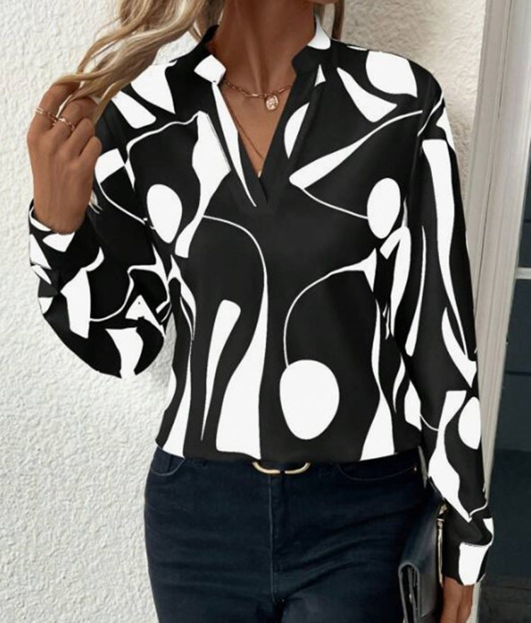 V-Neck Long Sleeve Slim Fit Printed Stand Up Shirt