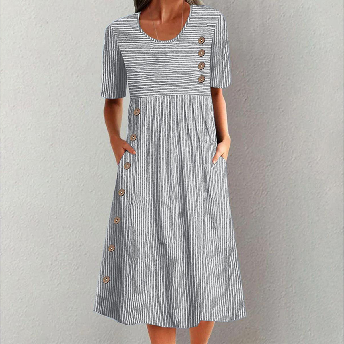 Grey Striped Short Sleeve Midi Dress