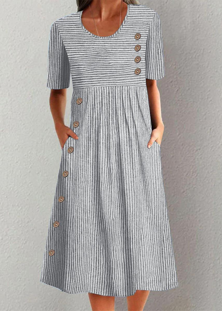 Grey Striped Short Sleeve Midi Dress