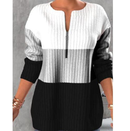 Zipper Contrast Panel Stand Collar Long Sleeve Top