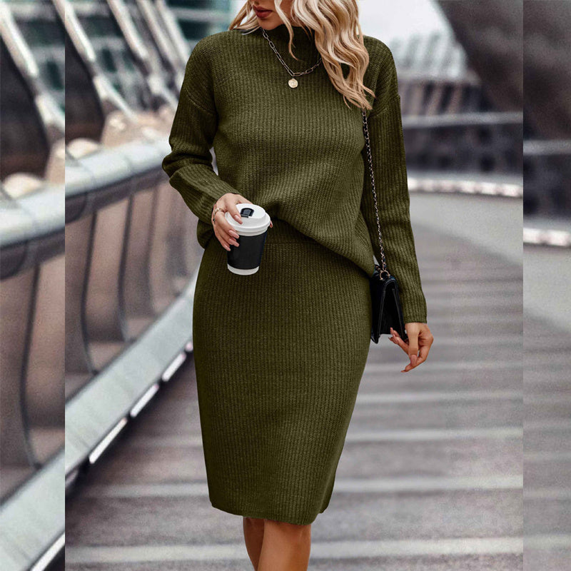 Solid Color Mock Neck Long Sleeve Sweater Suit