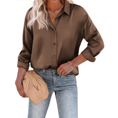 Casual Long Sleeve Satin Silk Button Down Blouse