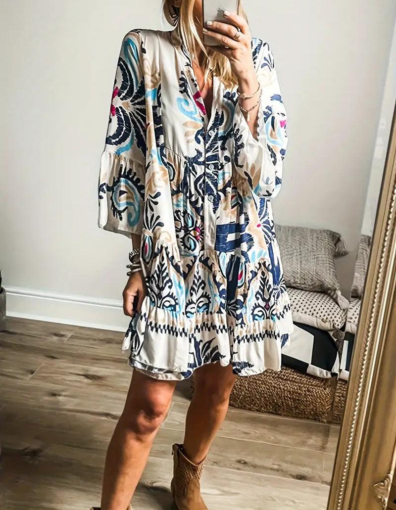 Unique Printed Long Sleeve Mini Dress