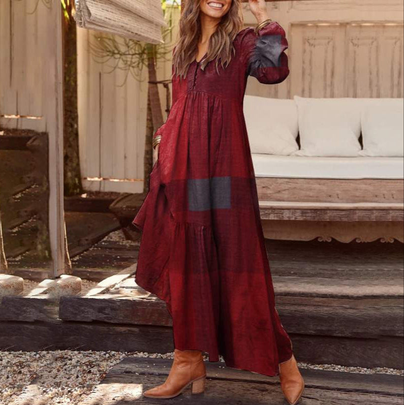 Vintage V-Neck Long Sleeve Maxi Dress