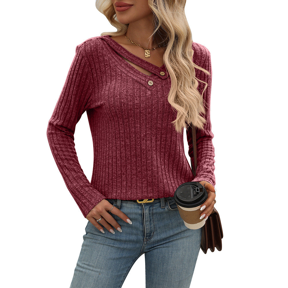 Casual Loose V-Neck Buttoned Stripe T-Shirt