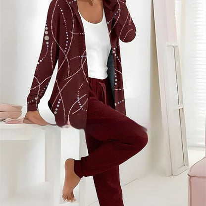 Printed Cardigan Coat and Solid Color Two-Piece Set