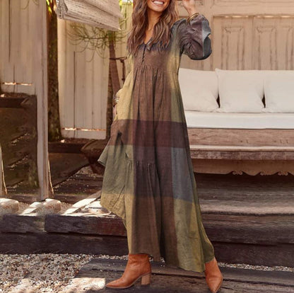 Vintage V-Neck Long Sleeve Maxi Dress