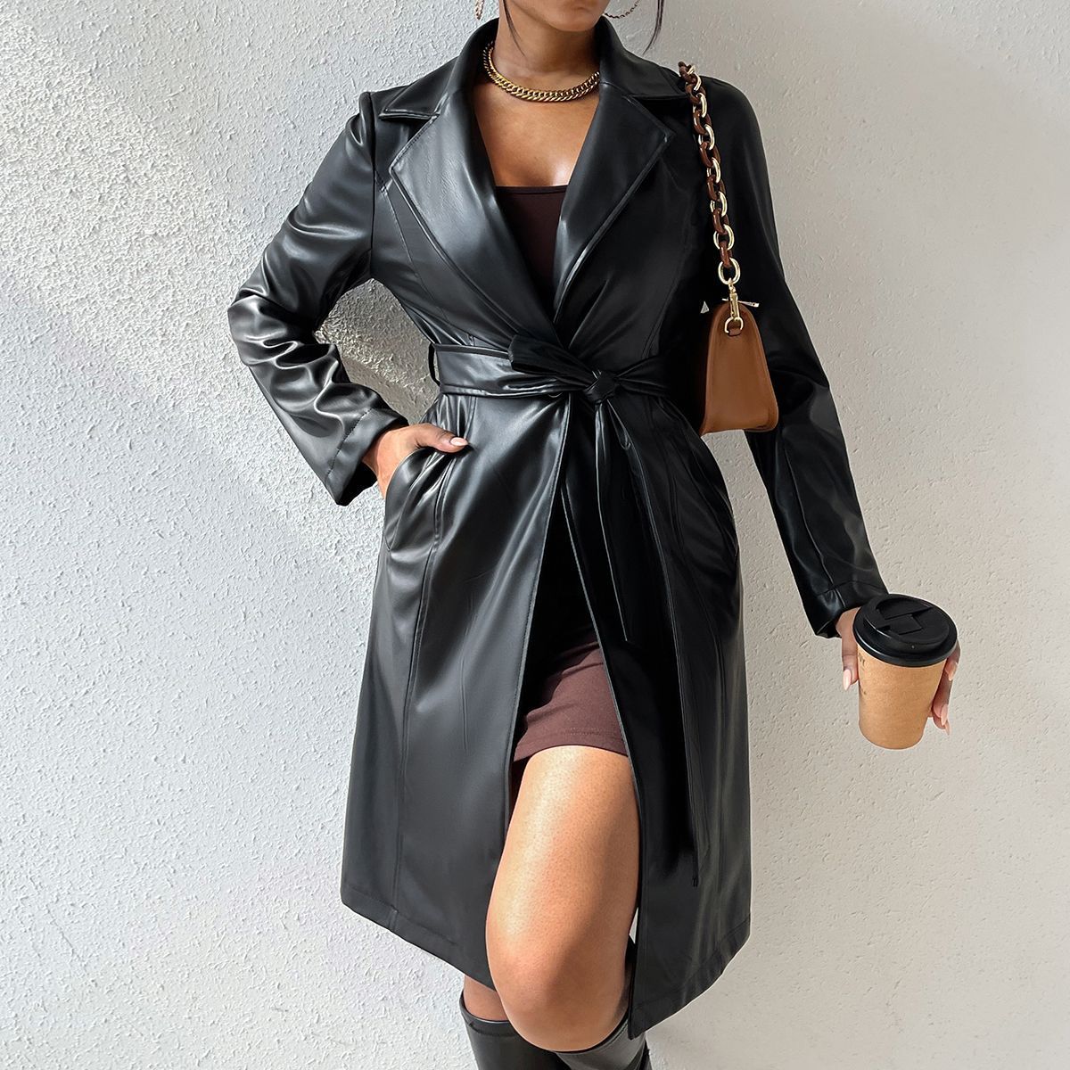 Slim Fit Long Sleeve Lapel PU Leather Trench Coat