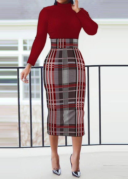 High Neck Split Waist Sheath Long Sleeve Dress