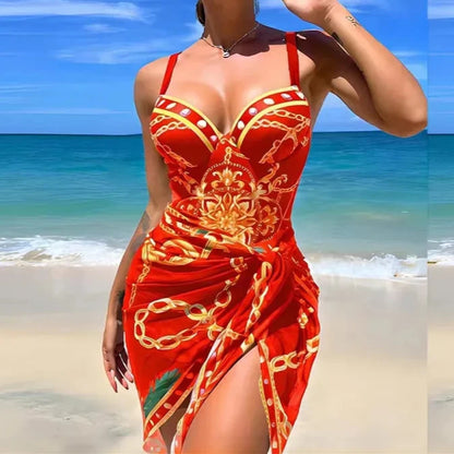 Elegant Print One Piece Two Piece Sleeveless Swimwear