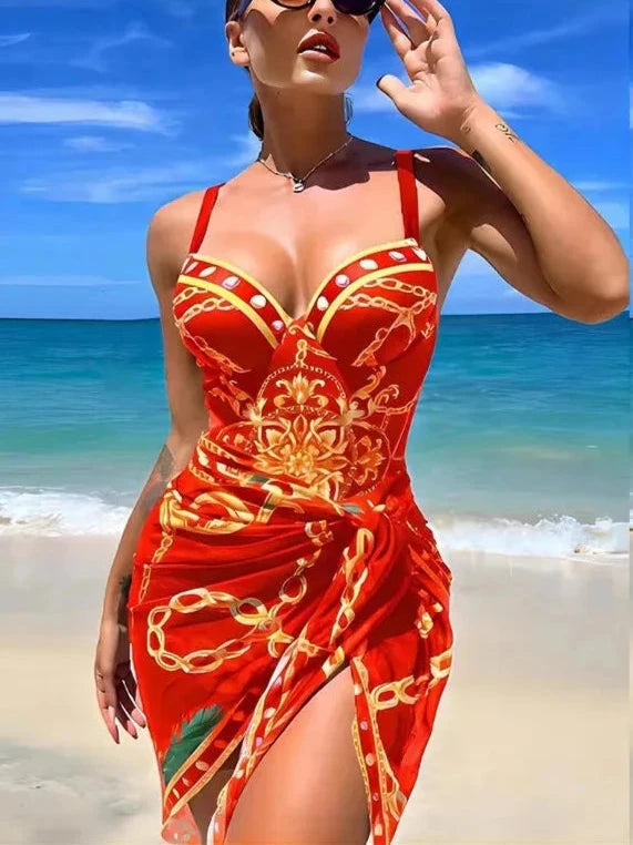 Elegant Print One Piece Two Piece Sleeveless Swimwear