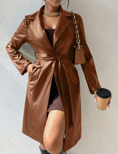 Slim Fit Long Sleeve Lapel PU Leather Trench Coat