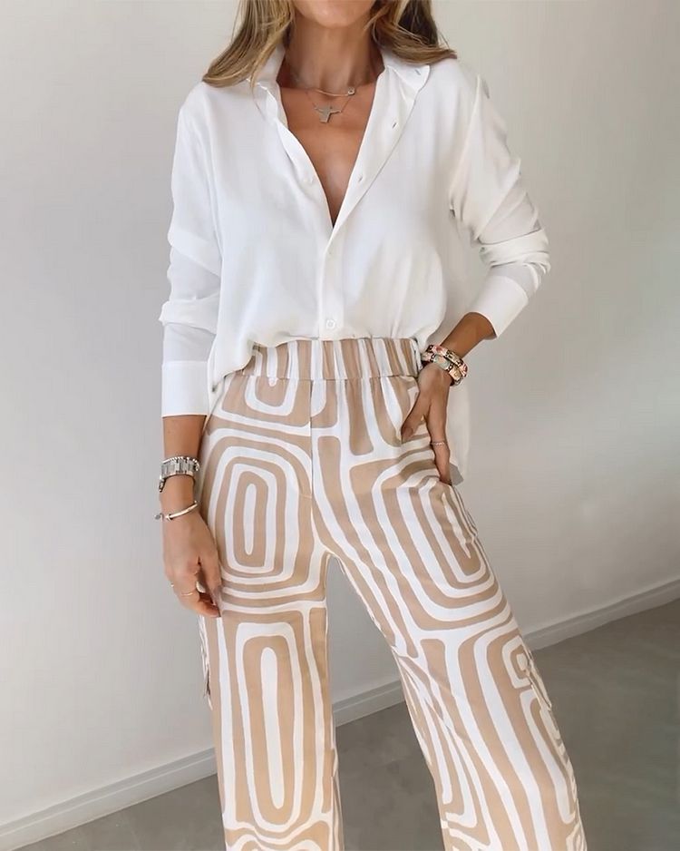 Casual Long-sleeved Lapel Shirt Printed Wide-leg Pants Suit