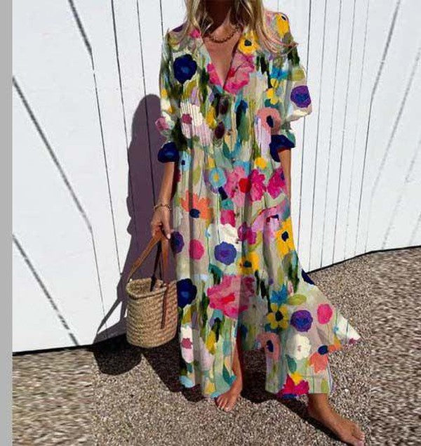 Modern Floral Print Half Sleeve Maxi Dress