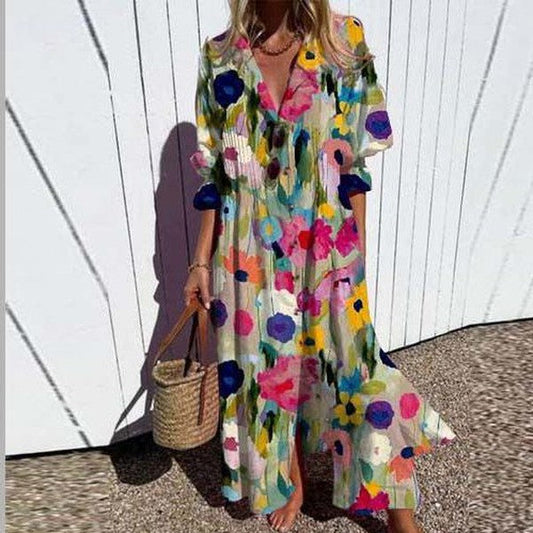 Modern Floral Print Half Sleeve Maxi Dress