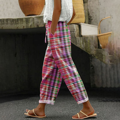 Casual Plaid Drawstring Waistline Pants