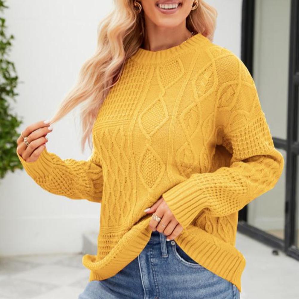 Casual Round-Neck Solid Color Cable-Knit Pullover Sweater