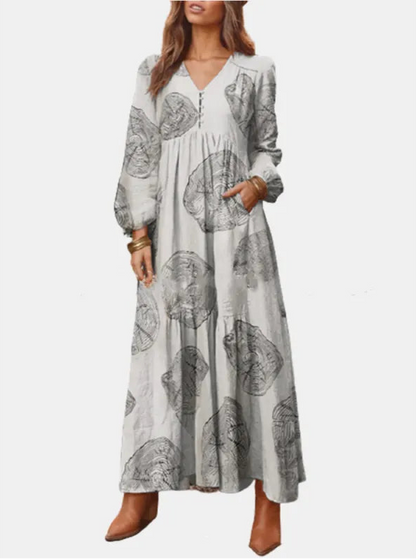 Vintage V-Neck Long Sleeve Maxi Dress