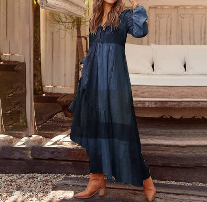 Vintage V-Neck Long Sleeve Maxi Dress