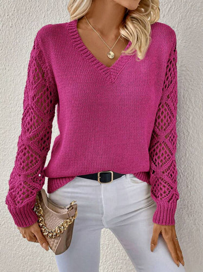 Solid V-Neck Hollow Sleeve Pullover Sweater