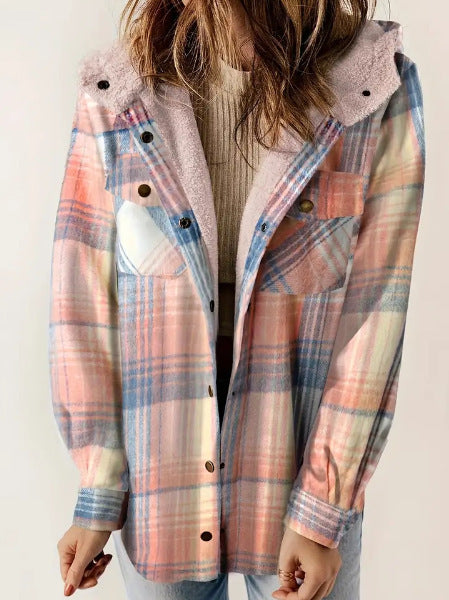 Casual Plaid Hooded Woolen Coat