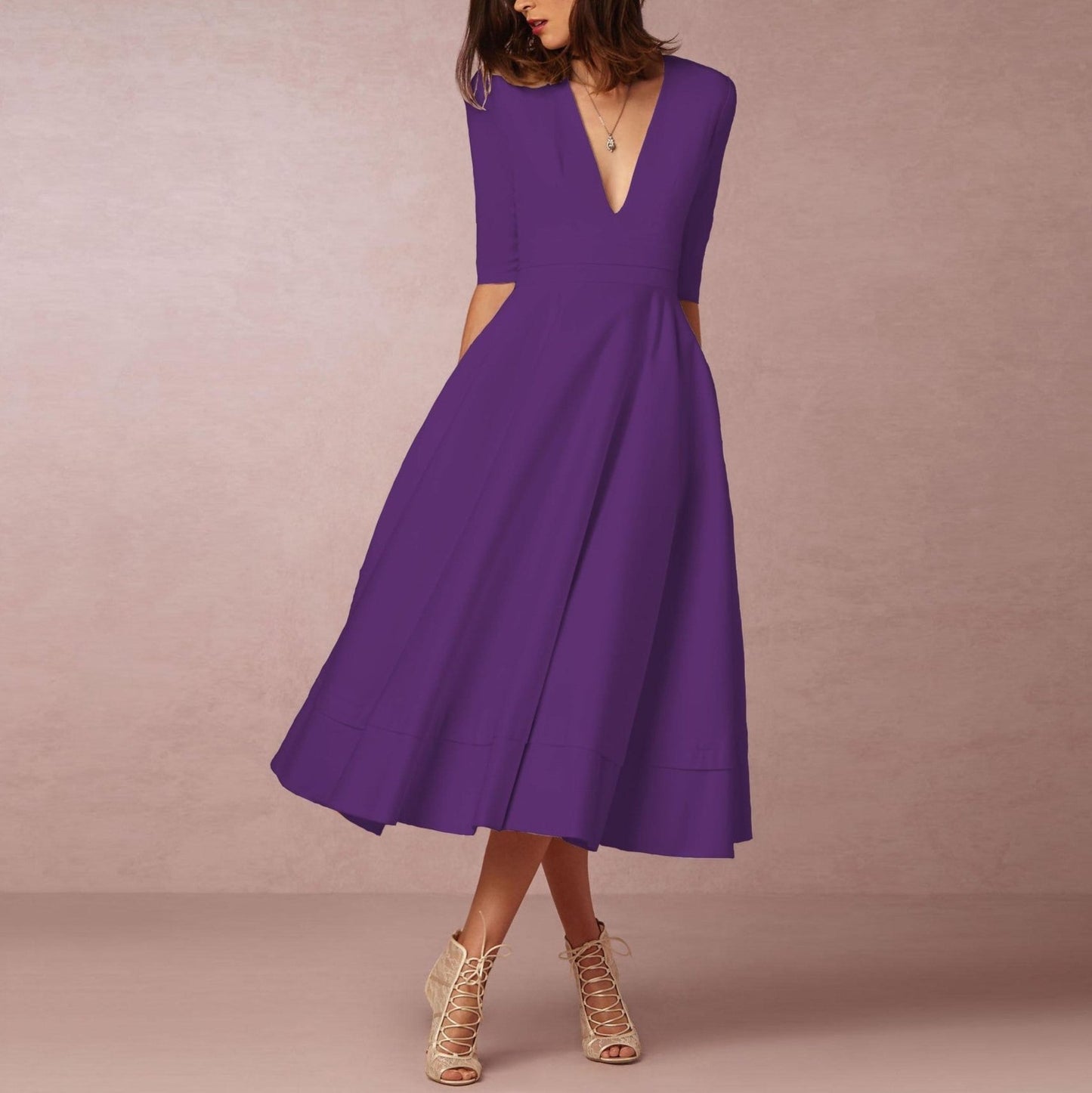 Sexy Deep V Mid-sleeve Large Swing Dress