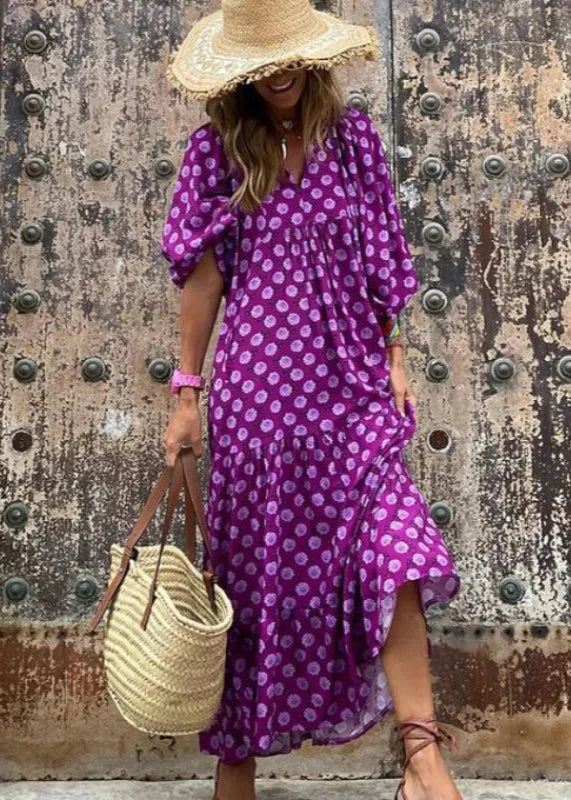 Geometric Collage Puff Sleeve Maxi Dress