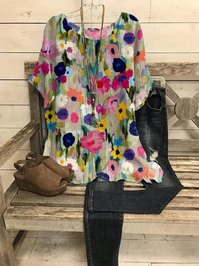 Elegant Watercolor Floral Print Half Sleeve Top